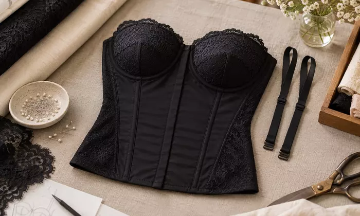 Ilustrasi torso hitam dengan cup berenda di meja tekstil