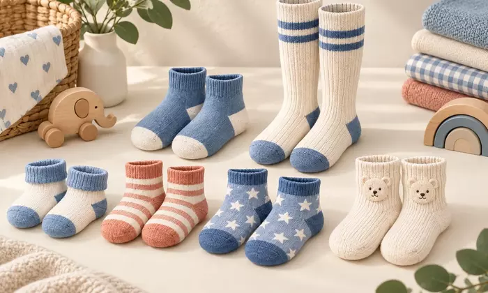 Ilustrasi bergaya foto kaos kaki bayi dan anak dalam beberapa bentuk