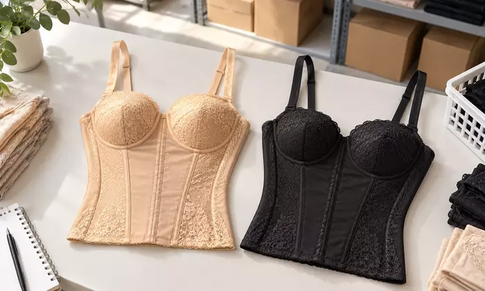 Ilustrasi dua model torso berwarna krem dan hitam di meja stok