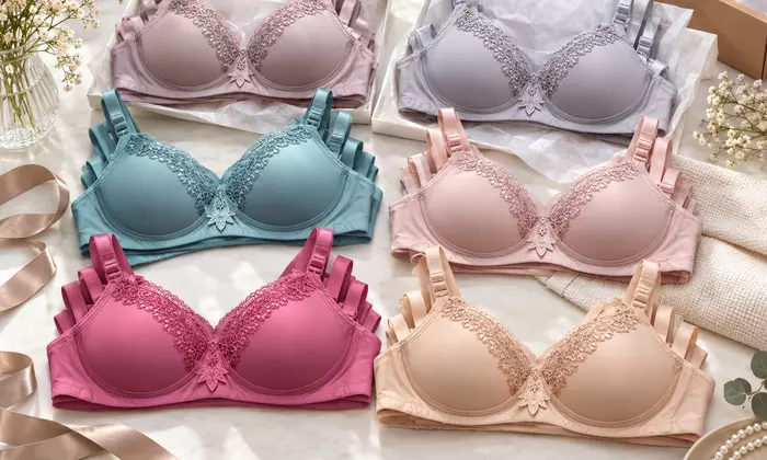 Ilustrasi bra berenda dalam beberapa warna di meja stok