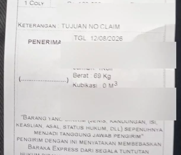 Detail satu koli 69 kg pada catatan pengiriman tanggal 12 Agustus 2026