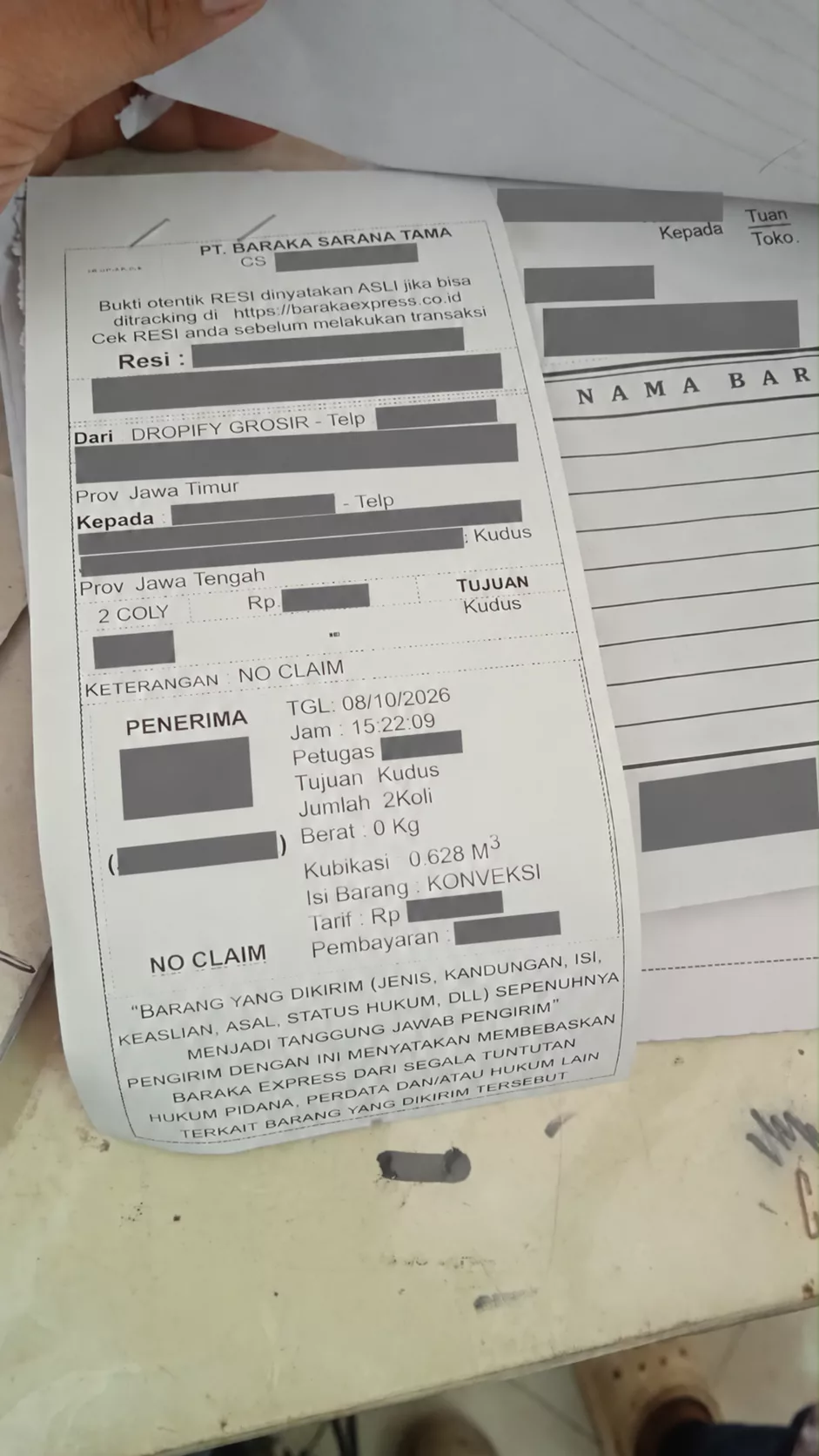 Resi Baraka Express mencatat dua koli menuju Kudus pada 8 Oktober 2026