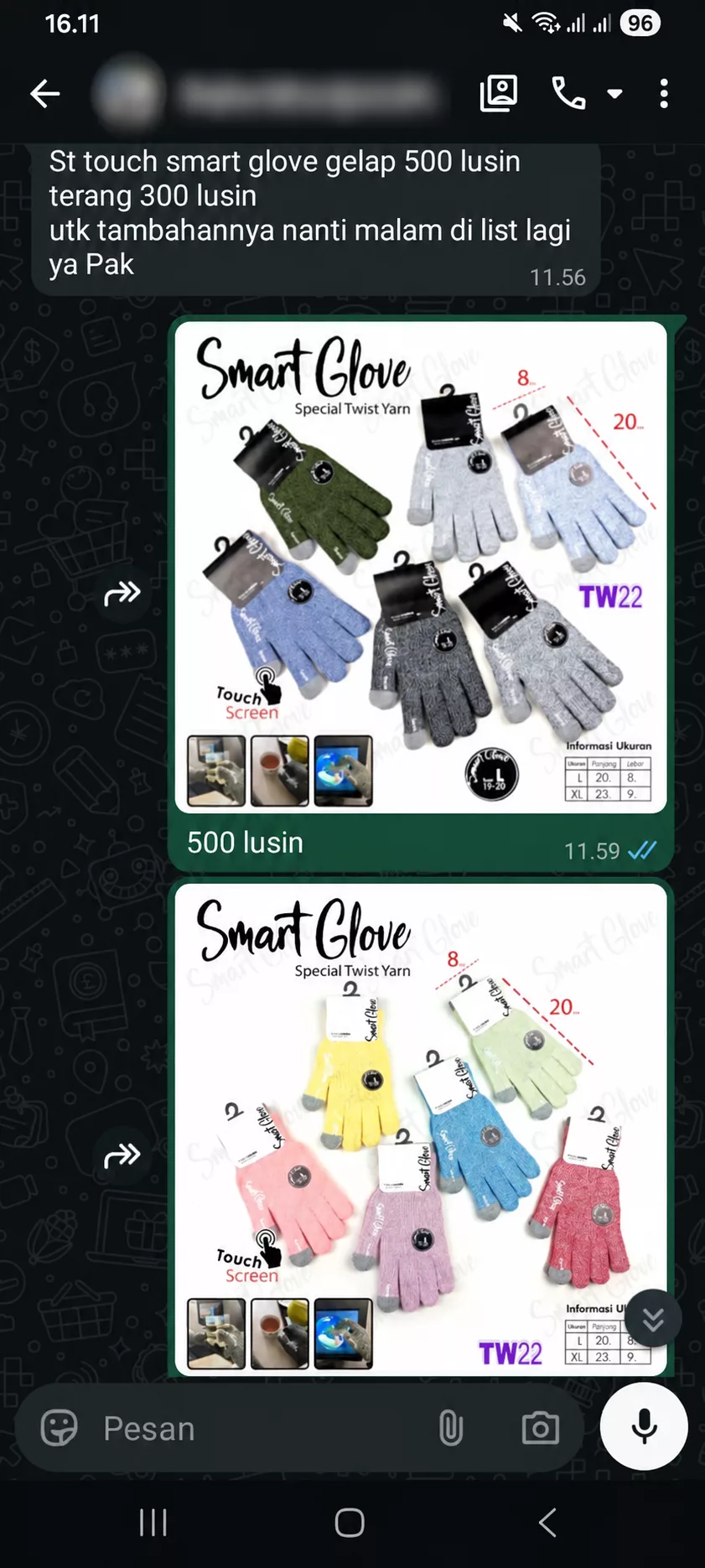 Percakapan WhatsApp tentang 500 lusin sarung tangan warna gelap dan 300 lusin warna terang