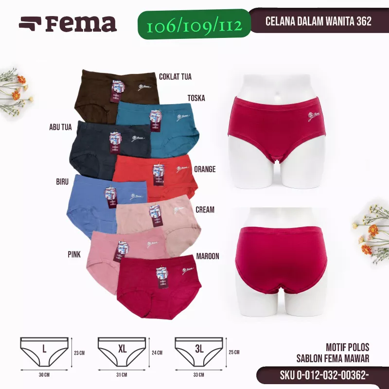 CD FEMA 362 sablon mawar, tampak depan dan belakang, serta ukuran L, XL, 3L