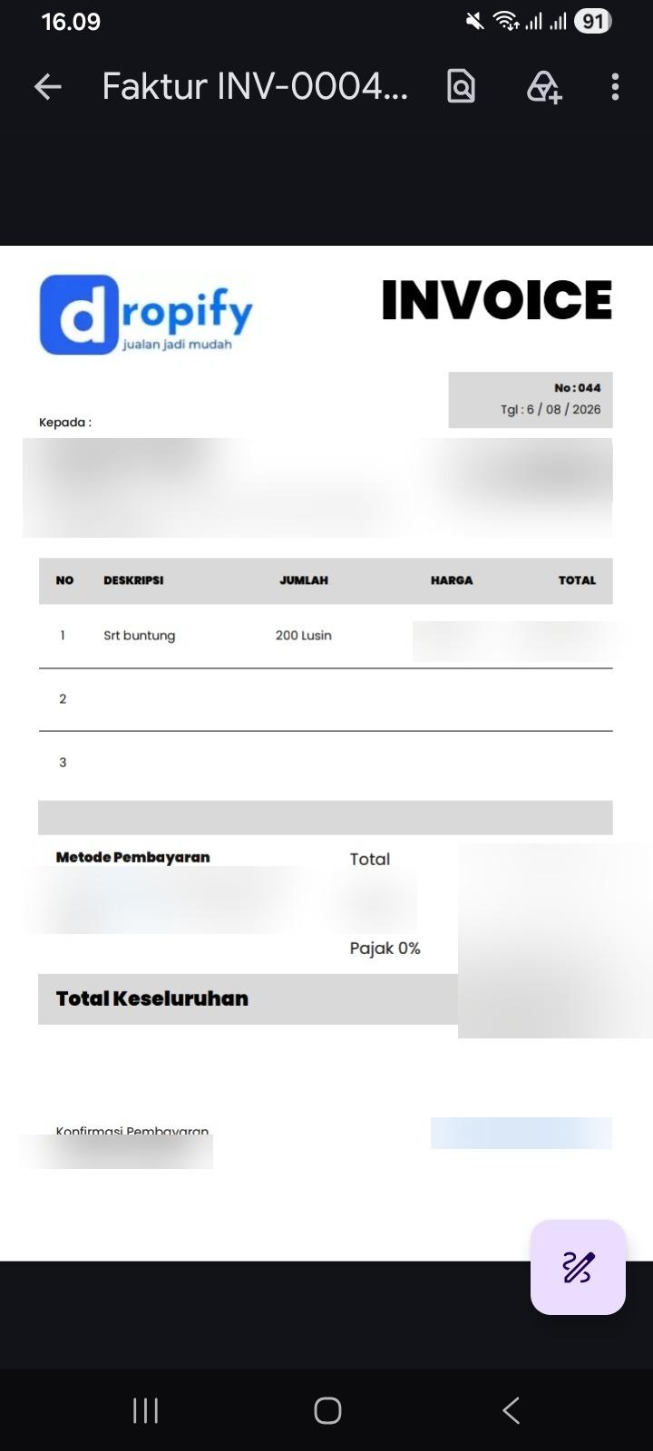 Dokumentasi pesanan pelanggan Dropify