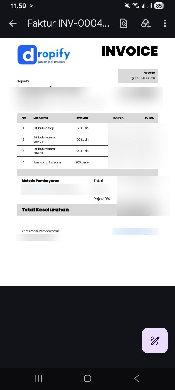 Dokumentasi pesanan pelanggan Dropify