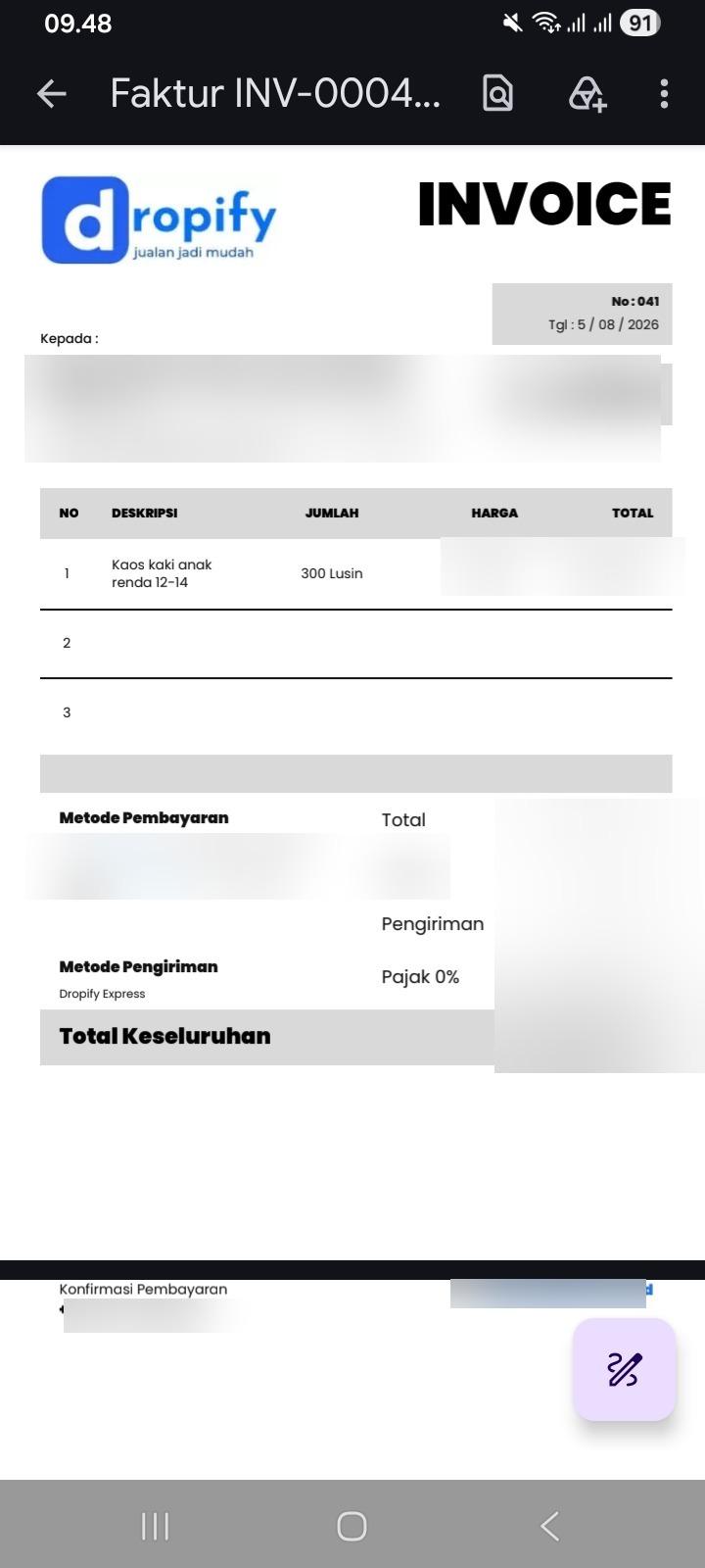 Dokumentasi pesanan pelanggan Dropify