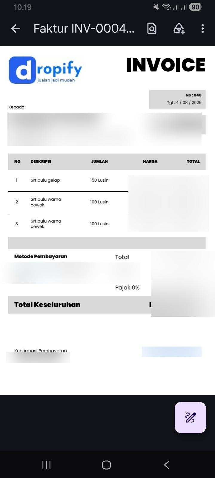 Dokumentasi pesanan pelanggan Dropify