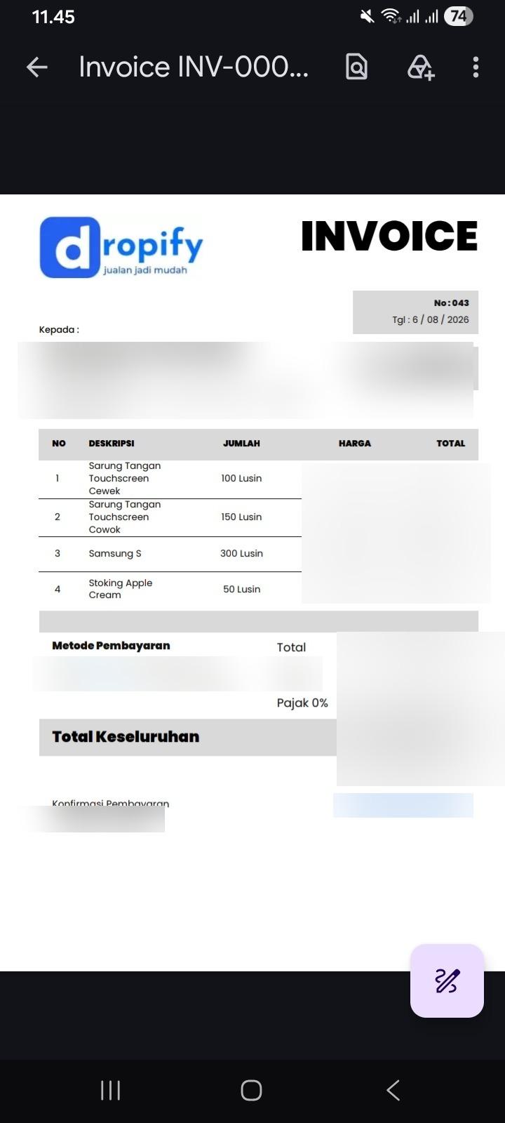 Dokumentasi pesanan pelanggan Dropify